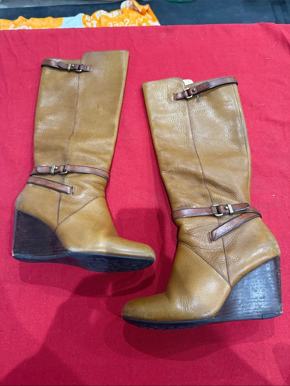 Coach Tan Leather Wedge Boots with Brown Strap Accents